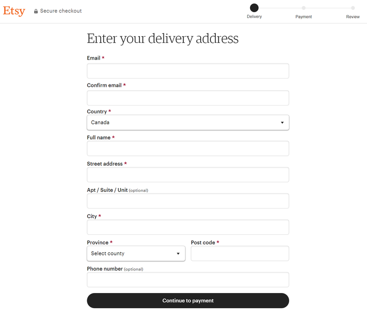 Formulaire de paiement Etsy pour les détails de livraison du client
