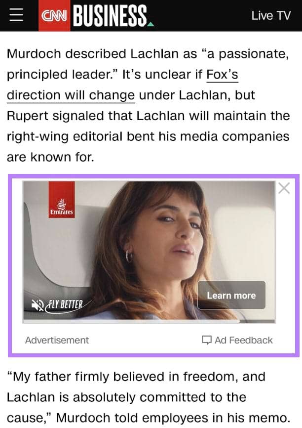 Publicité Outstream d'Emirates sur le site de CNN Business