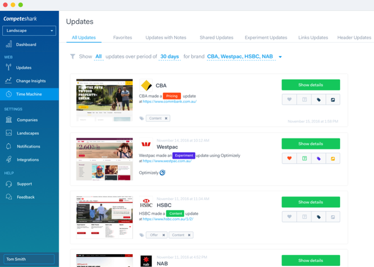 Compete Shark Updates affichant modifications de sites pour CBA, Westpac, HSBC, NAB
