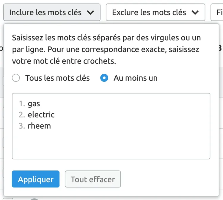filtre mots clés