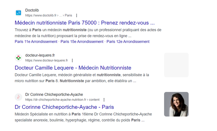 Résultats organiques après le pack local pour la requête "nutritionniste paris"