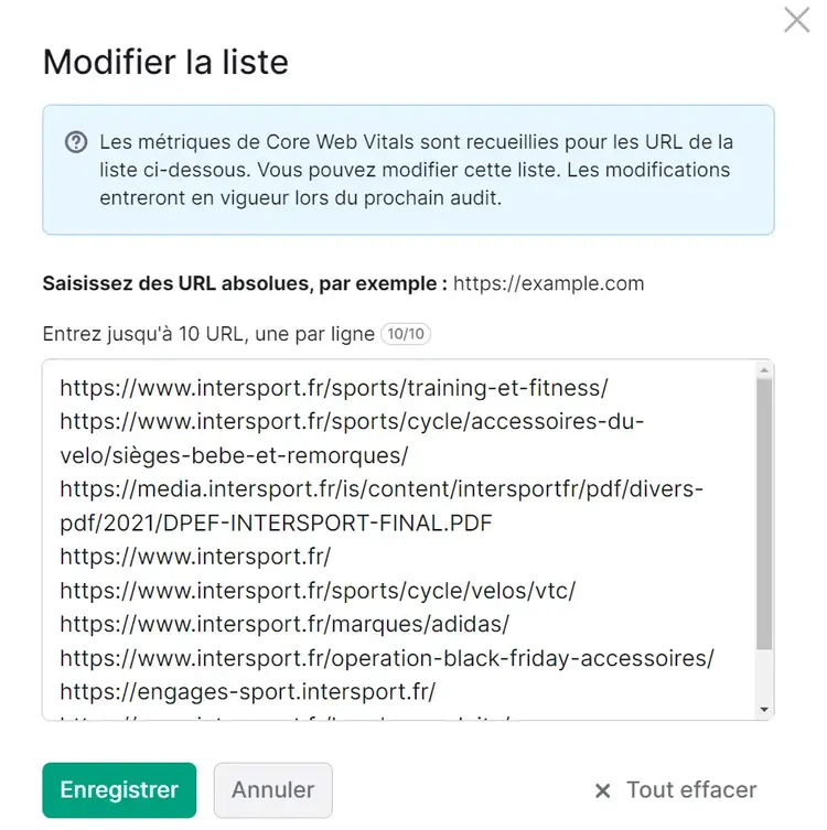 Modifier la liste des pages pour connaître les Core Web Vitals