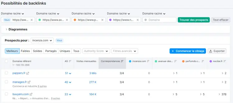 Prospects fournis dans Possibilités de backlinks de Semrush