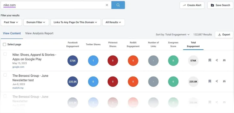 Tableau de bord de BuzzSumo avec les résultats pour "nike.com"