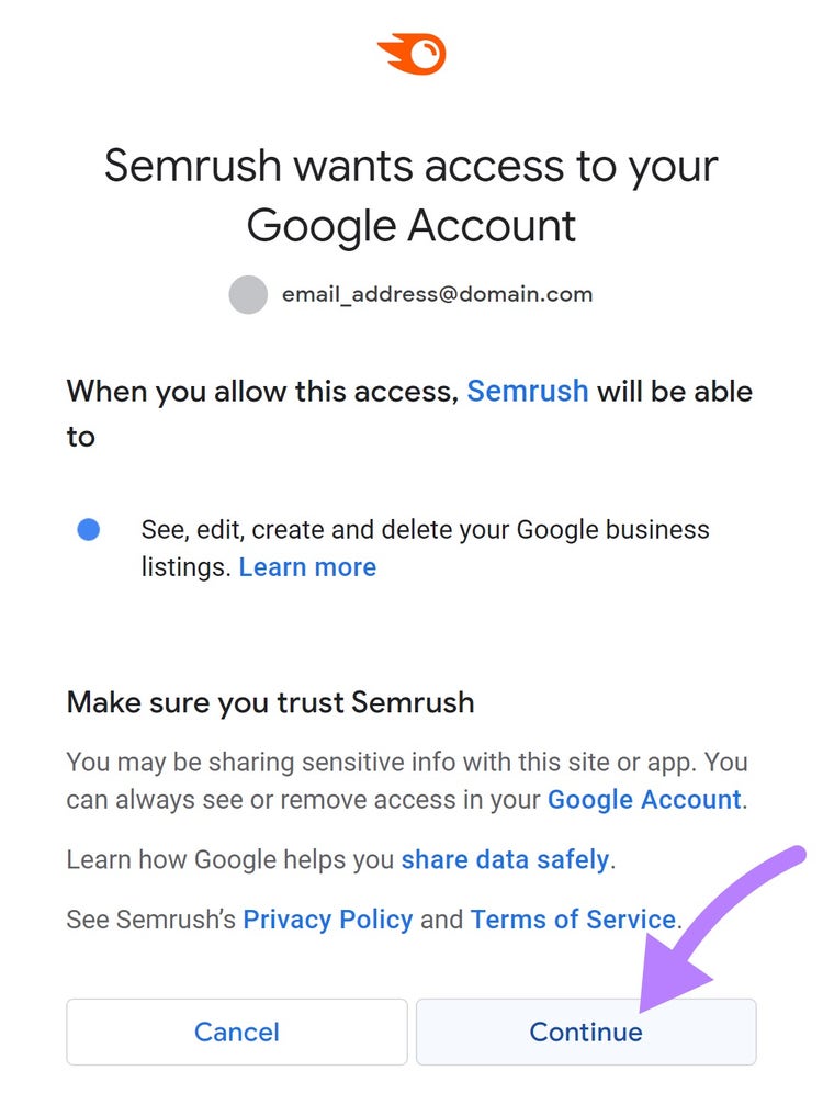 Fenêtre « Semrush souhaite accéder à votre compte Google »