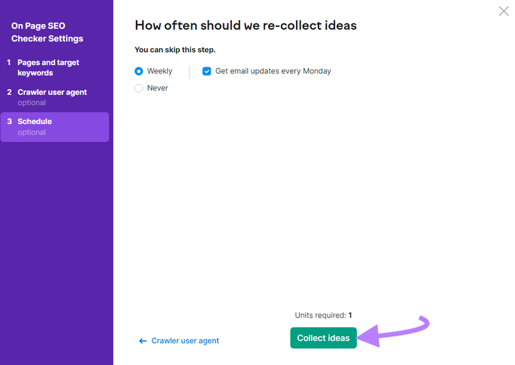 Options de On Page SEO Checker pour collecter des idées avec des mises à jour hebdomadaires et par e-mail sélectionnées