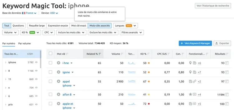 Semrush Keyword Magic Tool résultats pour iphone avec 6581 mots clés associés