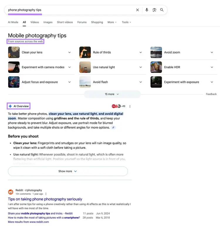 Résultats de recherche Google pour le terme « conseils de photographie sur téléphone portable » avec la fonctionnalité « Provenant de sources du Web » et un aperçu IA apparaissant en haut.