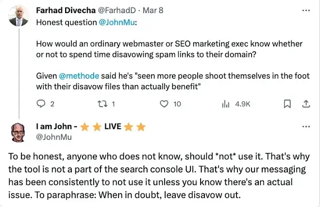 Conseils de John Mueller de Google sur le désaveu des liens sur X