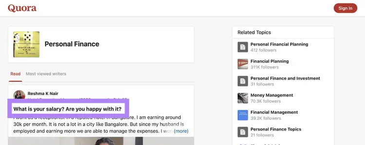 Un article intitulé "Quel est votre salaire ? En êtes-vous satisfait(e) ?" sur l'espace Finances personnelles de Quora