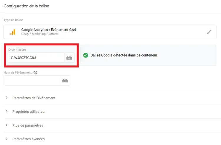 ID de mesure de la balise dans Google Tag Manager