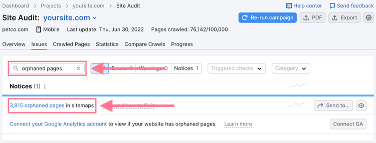 Pages orphelines dans Audit de site