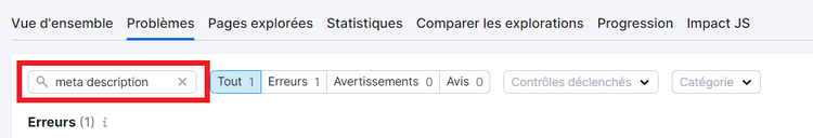 Chercher les problèmes de meta description dans Audit de site