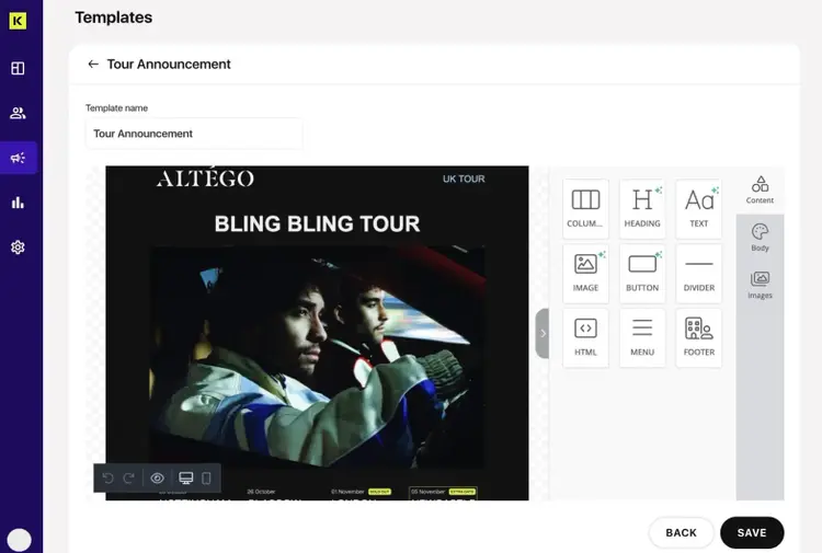 L'interface de Komi montrant un email marketing en cours de personnalisation.