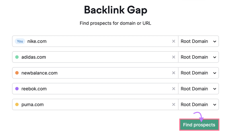ajoute ton domaine et les domaines de quatre concurrents au maximum dans l'outil Backlink Gap de Semrush.