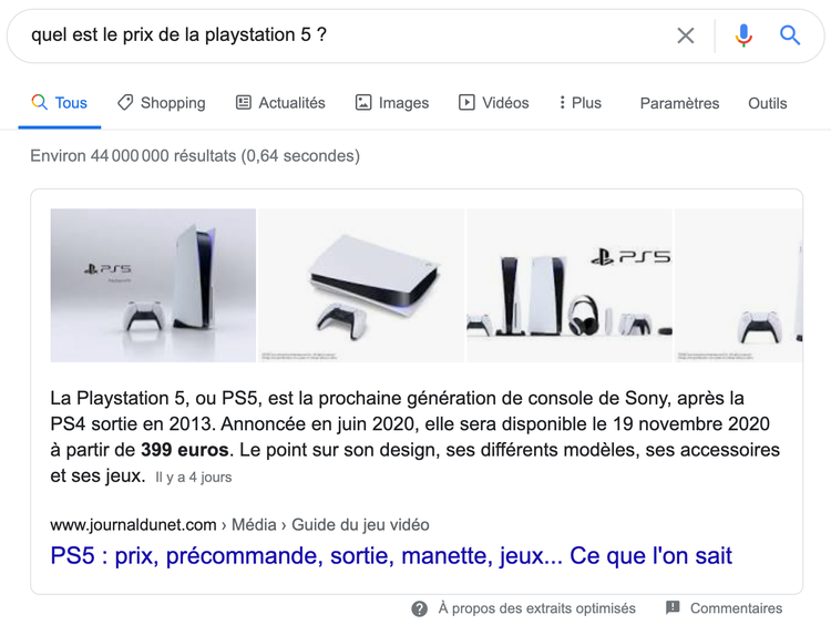 Résultats Google PS5: featured snippet avec images PlayStation 5 à partir 399€
