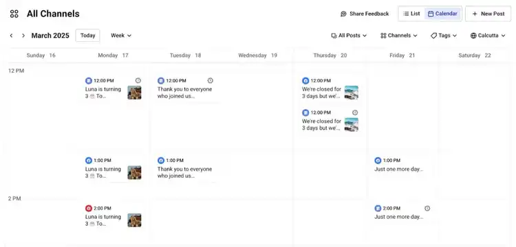 Vue calendrier sur Buffer montrant différentes publications programmées à travers les plateformes.