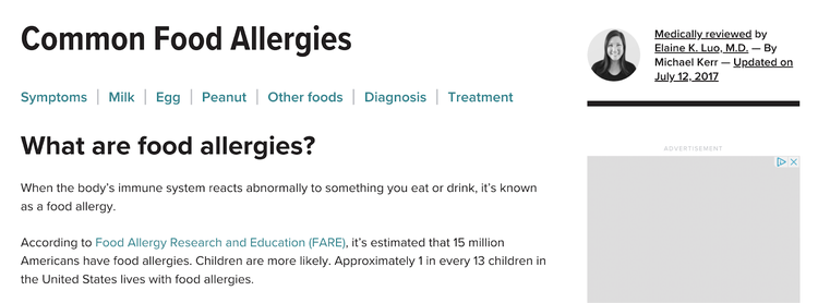 Une page intitulée : « Allergies alimentaires courantes »