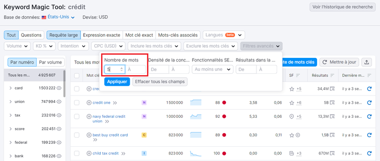 Qu'est-ce qu'un mot clé - Keyword Magic Tool, filtre pour nombre de mots