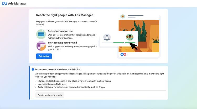 Meta Ads Manager onboarding crear portafolio comercio negocios