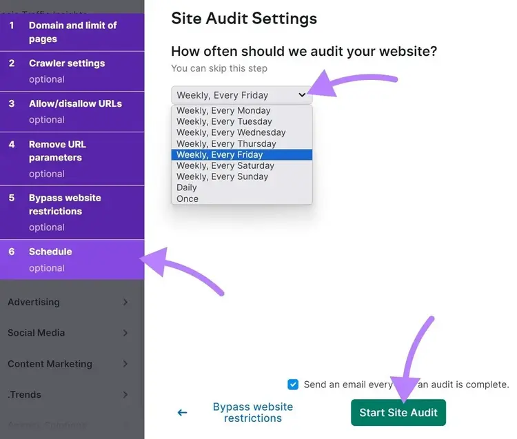 Écran « Paramètres d'Audit de site - Programmer »