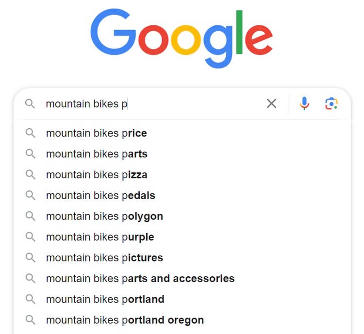 Liste déroulante autocomplète de Google lorsque l'on tape "mountain bikes p" dans la barre de recherche.