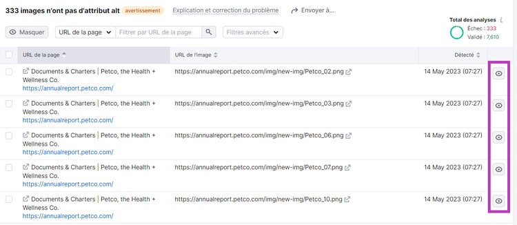 Masquer les problèmes dans Audit de site de Semrush