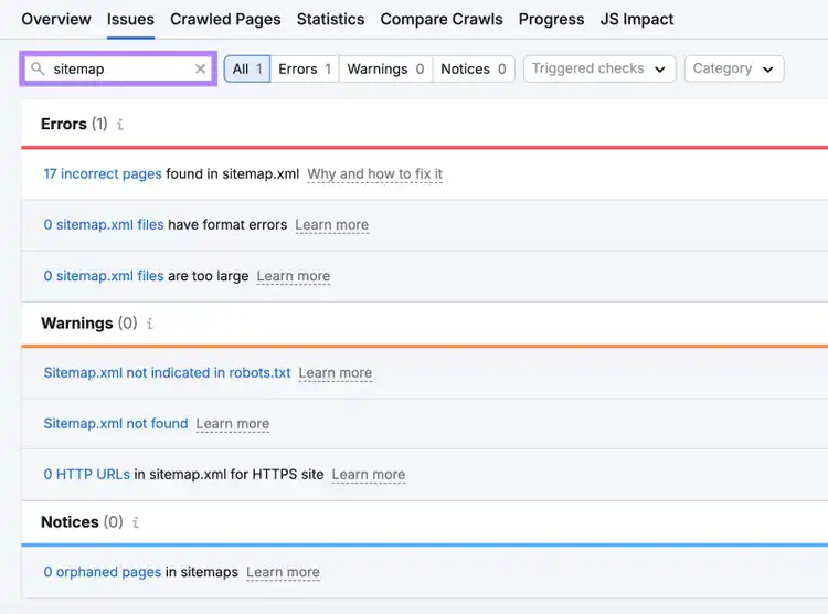 la recherche de problèmes de plan de site dans l'outil d'audit de site affiche des pages incorrectes, des erreurs de format, etc.