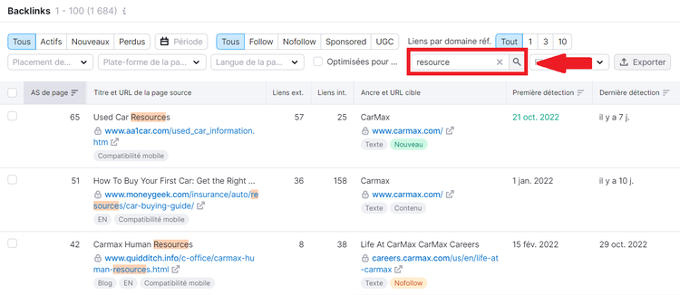 Analyse de backlinks, filtre