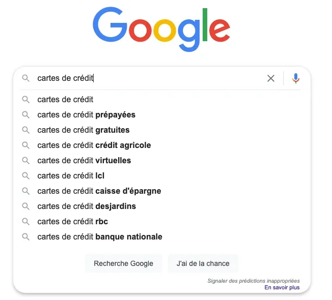 Google autocomplétion suggestions pour cartes de crédit avec 10 résultats