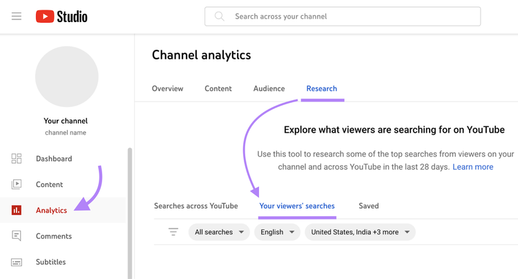 Onglet "Recherches de vos spectateurs" dans YouTube Analytics