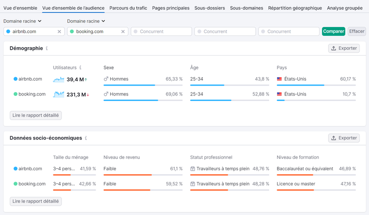 Traffic Analytics de Semrush, onglet Vue d'ensemble de l'audience