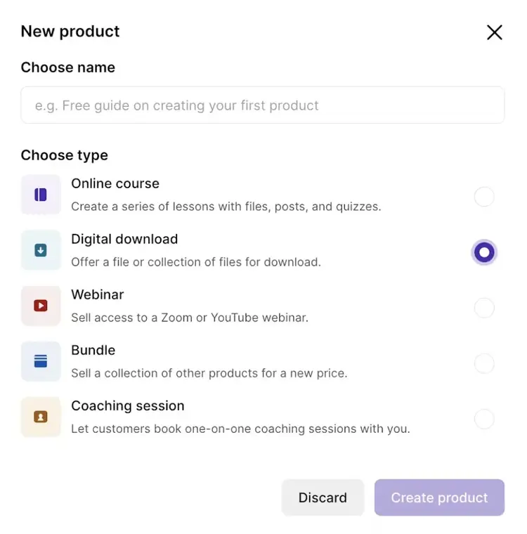 Options pour vendre différents produits sur Podia comme des cours en ligne, des téléchargements numériques, l'accès à des webinaires, des séances de coaching, etc.