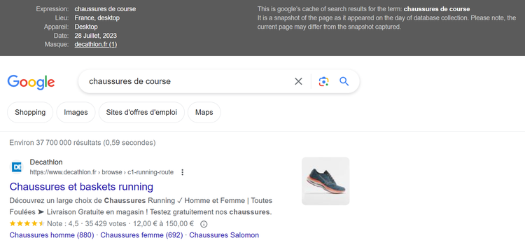 Exemple de SERP correspondant à un mot clé dans Suivi de position