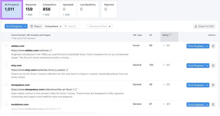 Onglet "Prospects" pour "nike.com" dans Link Building Tool