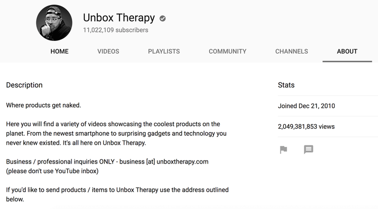 Description de la chaîne YouTube Unbox Therapy