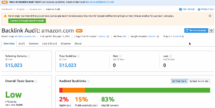 Rapport Semrush Backlink Audit montrant 515023 domaines référents avec score toxique bas