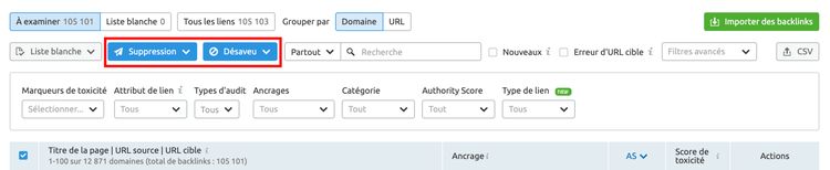 Semrush interface ajout liens listes Suppression Désaveu