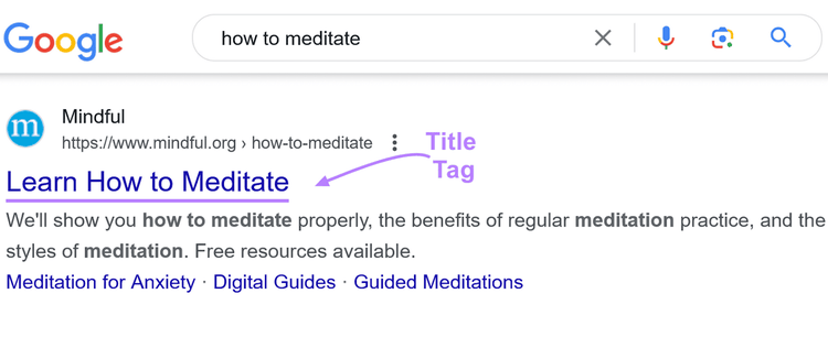 Résultat de la recherche Google avec une flèche violette intitulée « Balise de titre » pointant vers le texte du titre « Apprendre à méditer ».