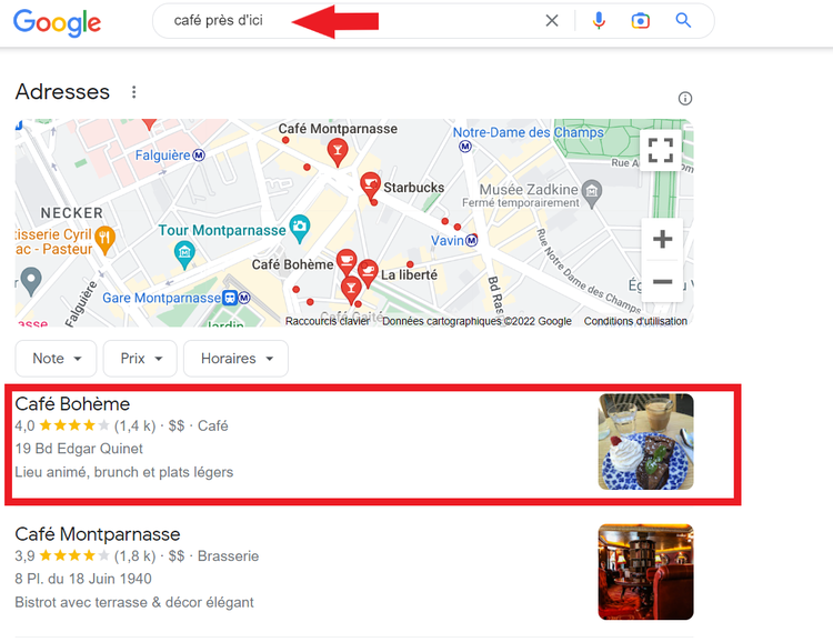 exemple de résultat de recherche locale sur Google pour la requête "café près d'ici"