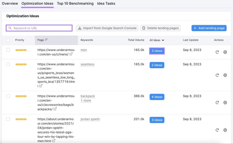 Interface de l'onglet Idées d'optimisation de l'outil On Page SEO Checker de Semrush