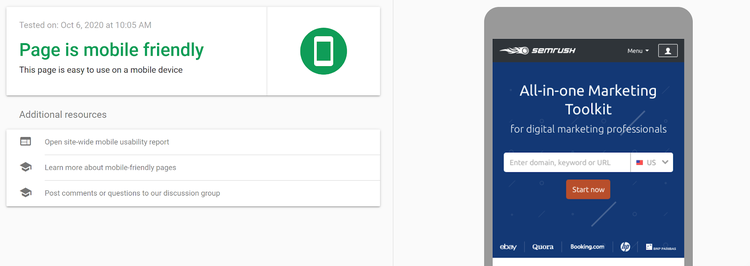 Rapport Google PageSpeed Insights: Page compatible mobile, ressources
