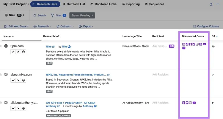 La section des contacts découverts de BuzzStream