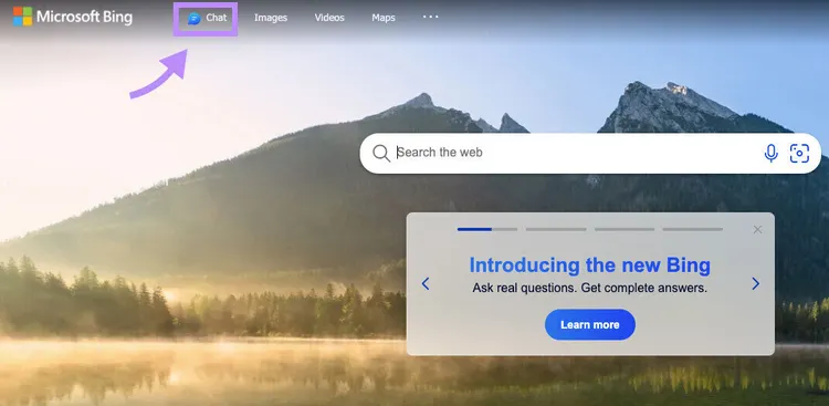 Page d'accueil de Bing avec l'option Chat