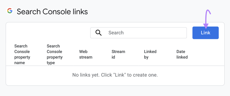 Bouton "Lier" mis en évidence dans la section "Liens Search Console"