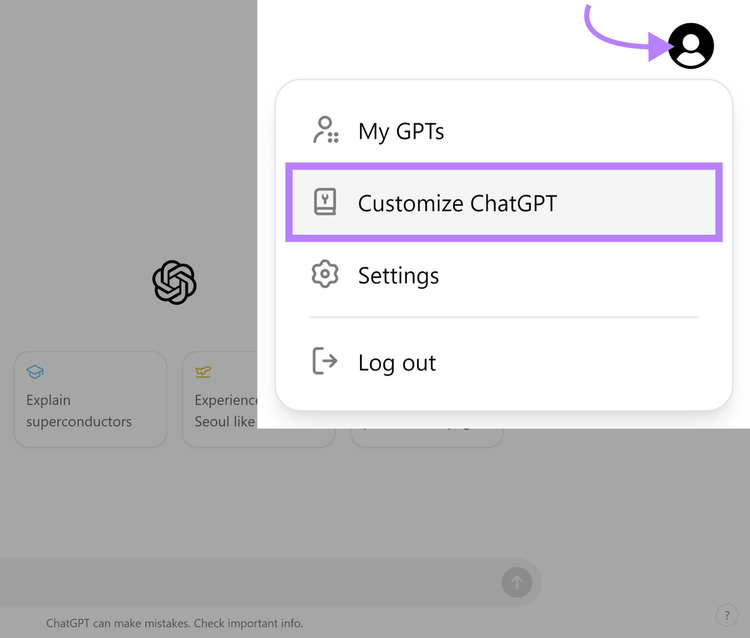 Menú perfil ChatGPT opción Personalizar ChatGPT