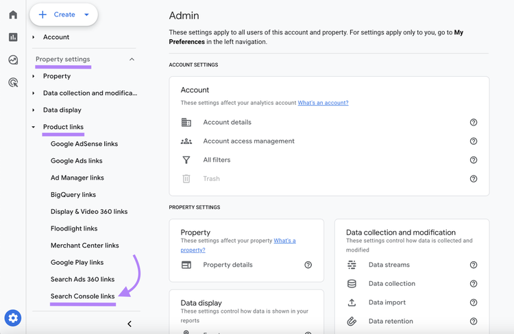 Section "Liens Search Console" dans l'Admin de Google Analytics