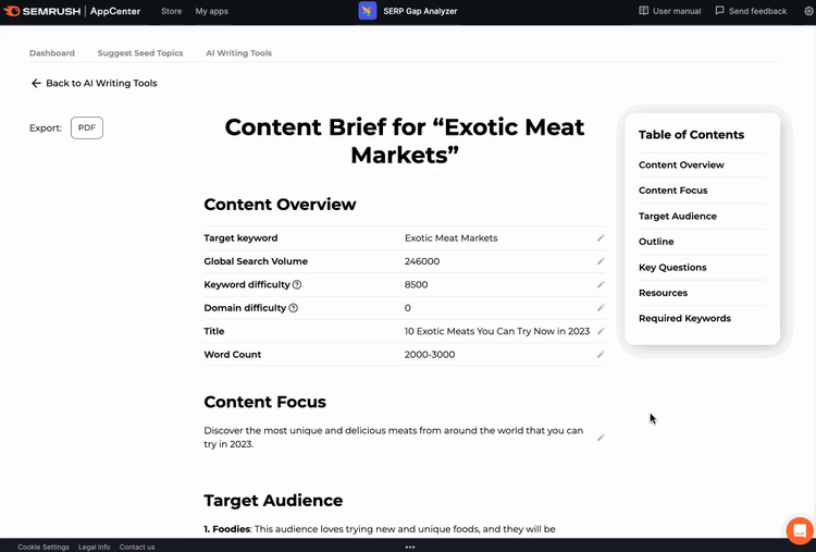 Les différentes sections pour le brief de contenu