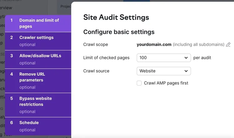 paramètres d'audit du site