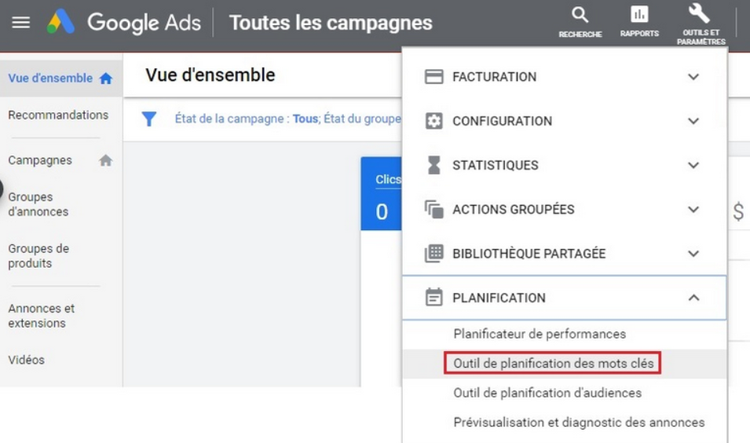 Google Ads, outil de planification des mots clés